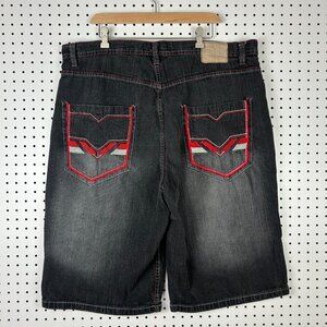 Red Ape Black Baggy Jean Shorts Sz 42‎ Jorts Wide Leg Skate Y2K Embroidered Goth